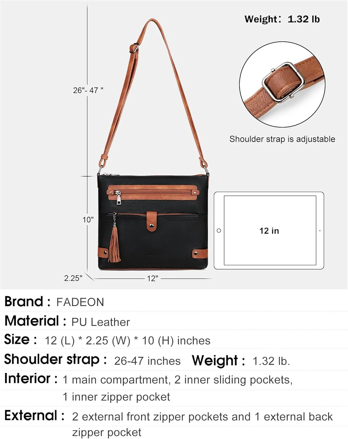 FADEON Large Crossbody Purses for Women Crossbody Bag, Designer Leather Cross Body Purses Multi Pocket Shoulder Bag