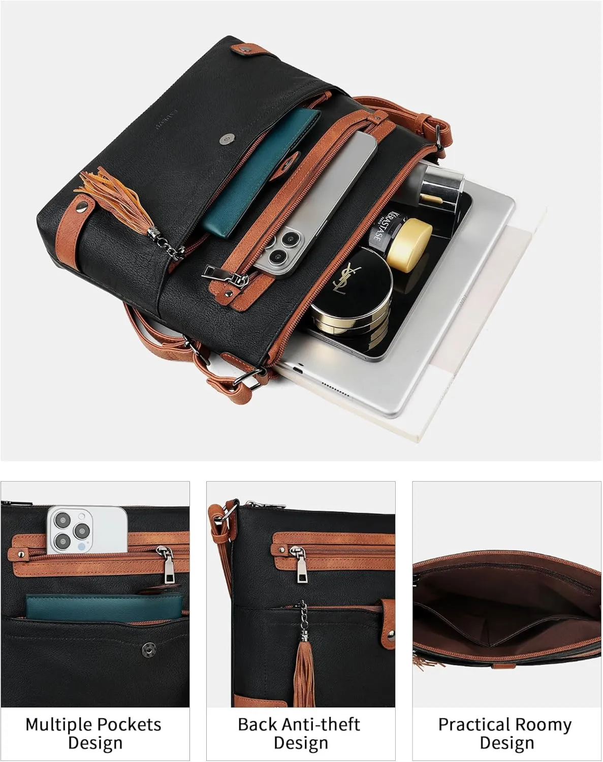 FADEON Large Crossbody Purses for Women Crossbody Bag, Designer Leather Cross Body Purses Multi Pocket Shoulder Bag