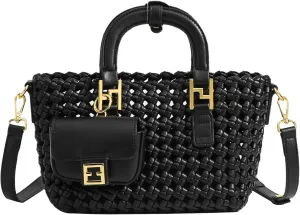 Fashion Crossbody Shoulder Bag, Women Top Handle Bag Woven Tote Bag, Casual Handbags and Purses Travel Phone Bag (Black)