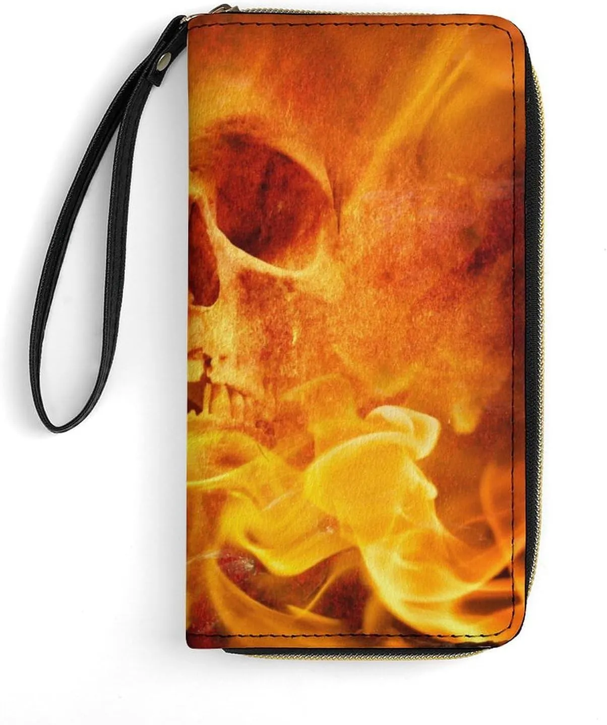 Fire Flaming Skull Women’s Wallet Zippered Long Clutch Purse Leather Handbag with Wristlet Strap