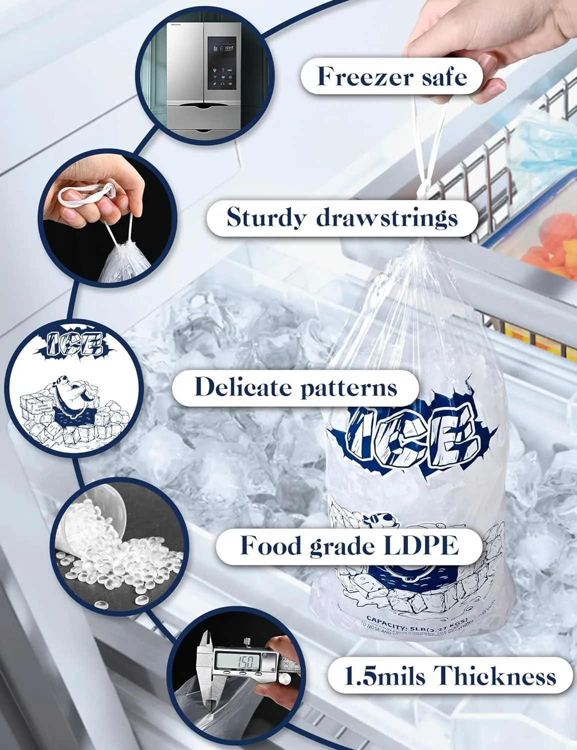 FireKylin Ice Bags 10 lb with Drawstring,100 Pack Plastic Ice Bags for Ice Storage, BD-003