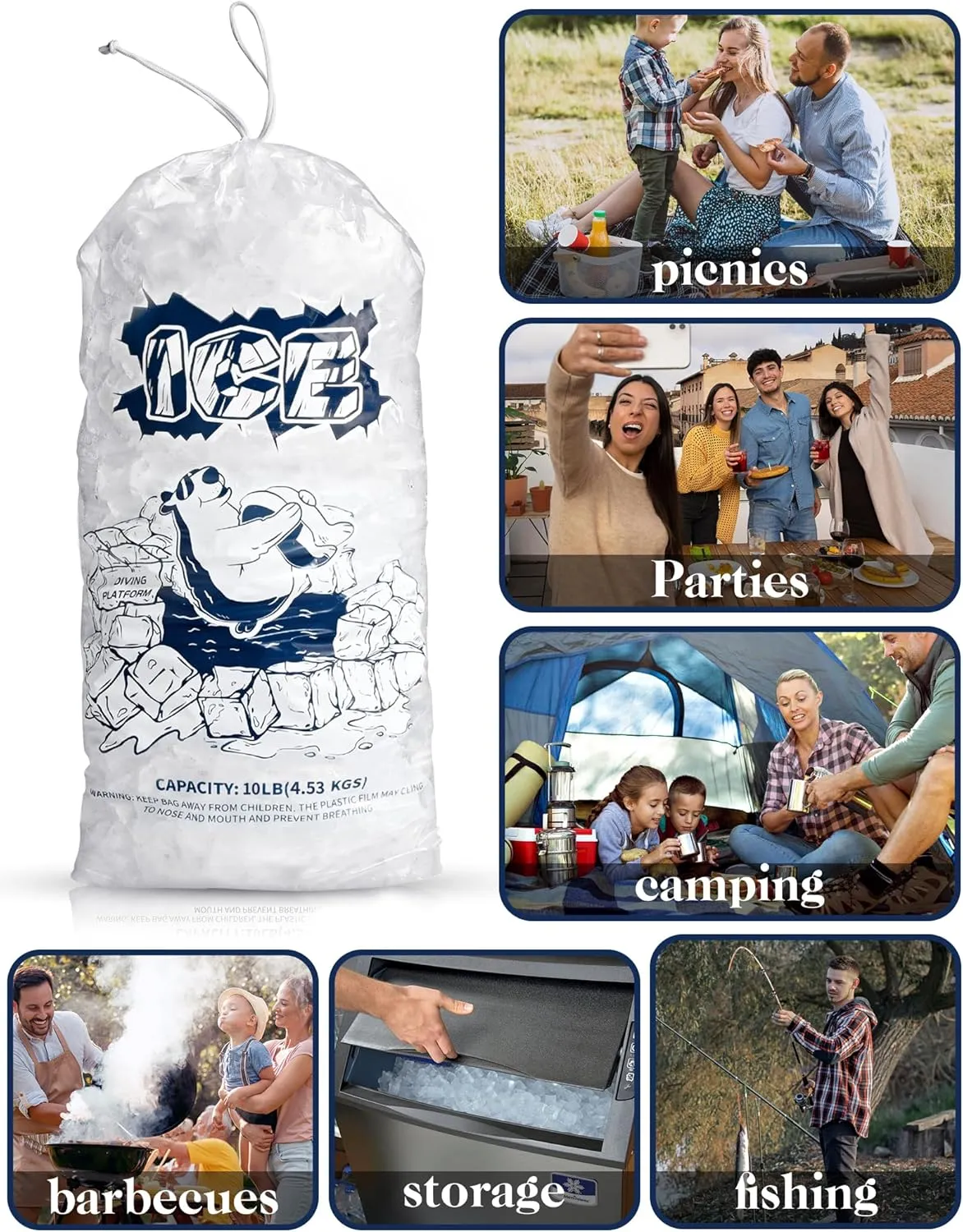 FireKylin Ice Bags 10 lb with Drawstring,100 Pack Plastic Ice Bags for Ice Storage, BD-003