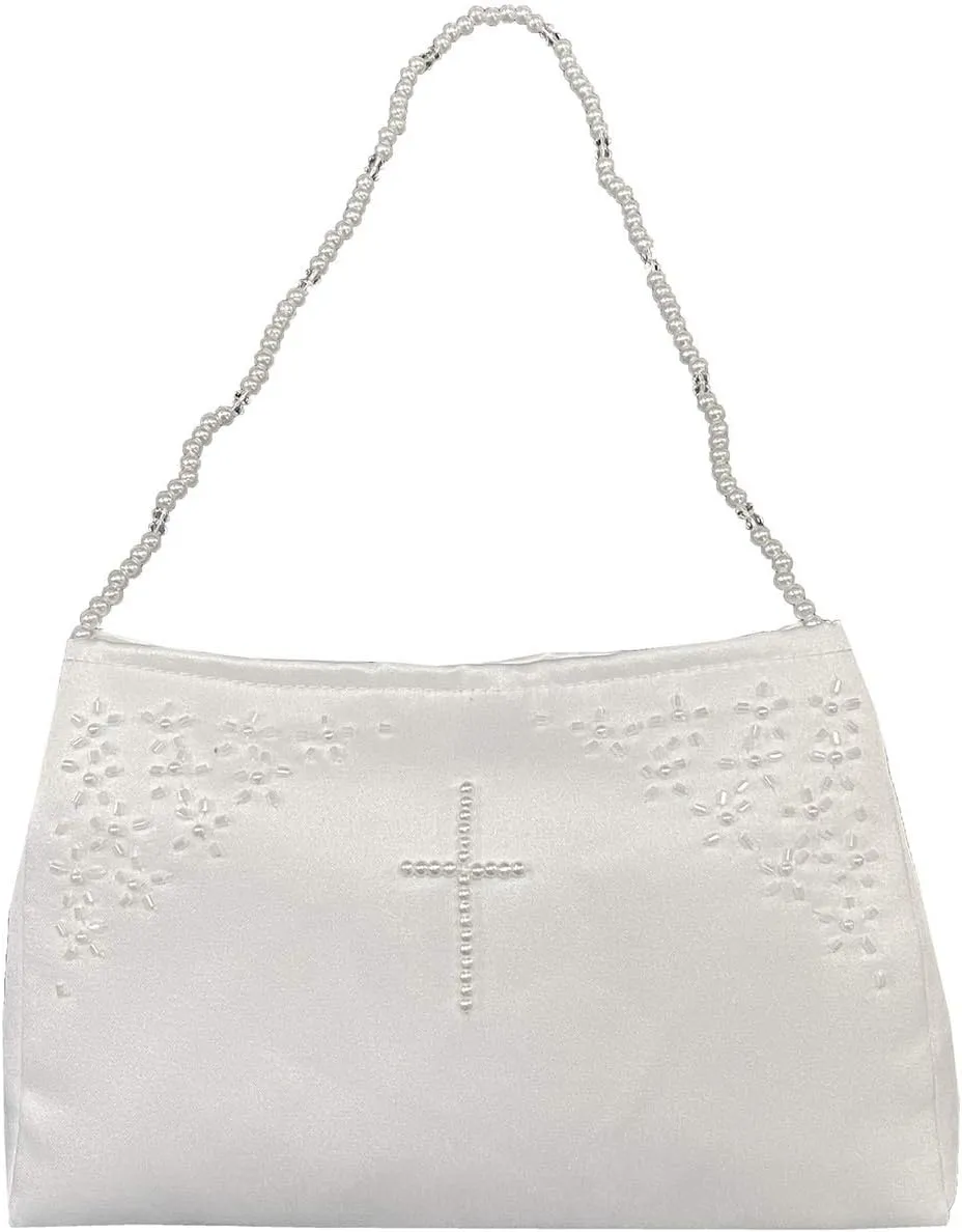 First Communion Purse for Girls - White Satin Purse with Beading and Cross
