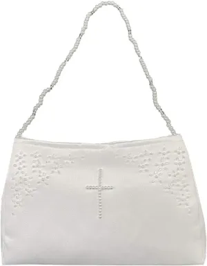 First Communion Purse for Girls - White Satin Purse with Beading and Cross