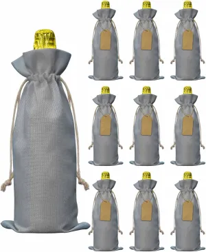 Flax Wine Bags Set of 10, Gradual Blue Grey Modern Extremely Simple Style Bottle Bags With Drawstrings Tags Reusable Wine Bottle Covers for Wedding Birthday Travel