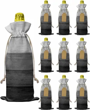 Flax Wine Bags Set of 10, Gradual Grey Black Wood Texture Striped Pattern Rustic Bottle Bags With Drawstrings Tags Reusable Wine Bottle Covers for Wedding Birthday Travel