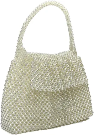 Formal Wristlet Purses, White Beaded Pearl Clutch Purse for Women, Elegant Evening Bag for Wedding Bride 1920s Party