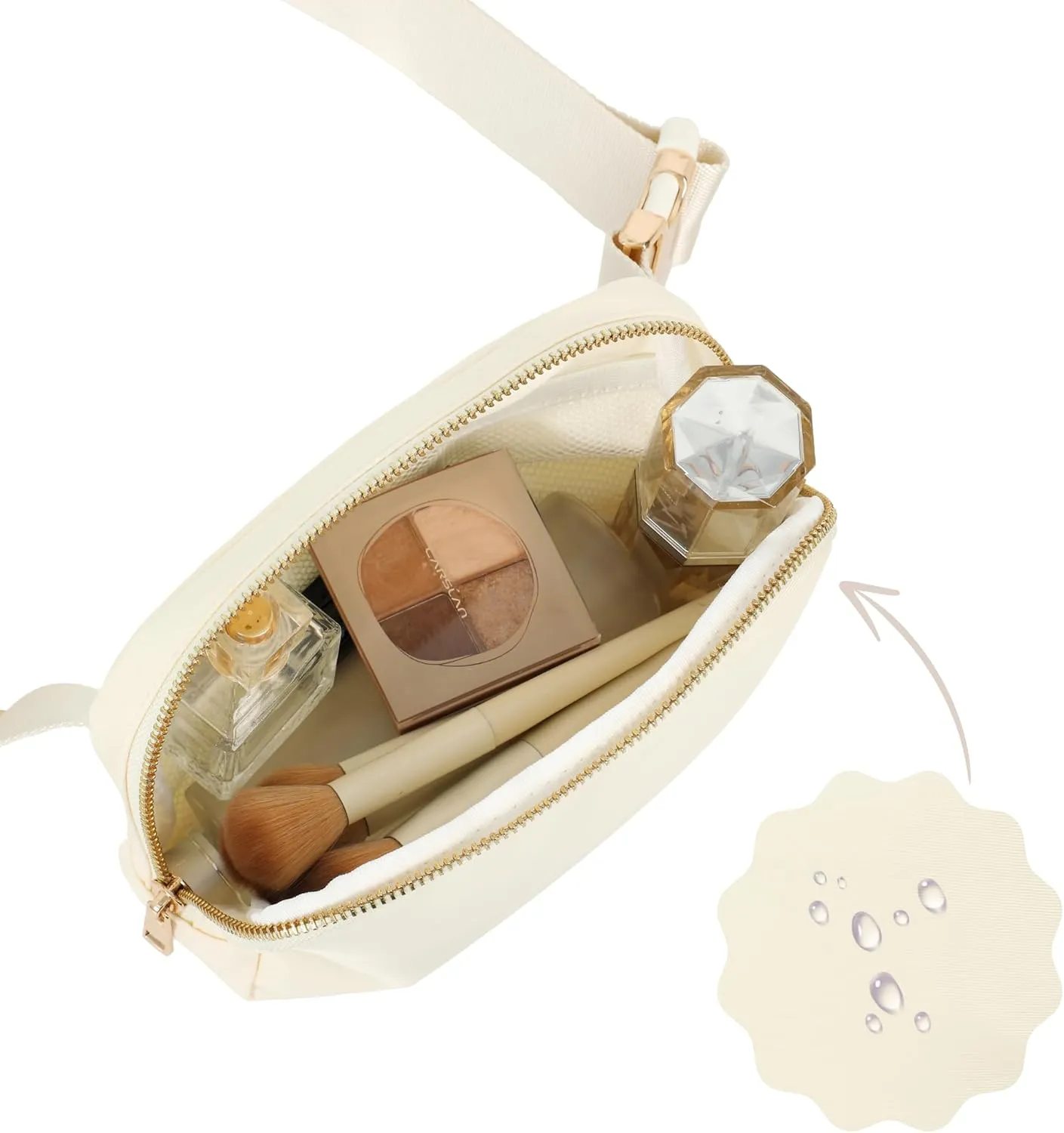 FORZAROCKET Boutique Belt Bag w/Long Strap 70" – Chic Crossbody Bag w/Extended Strap – Elegant Women Fanny Pack – Gold Two-Way Zipper – Travel & Plus Size Friendly, White Cream w/Gold Hardware