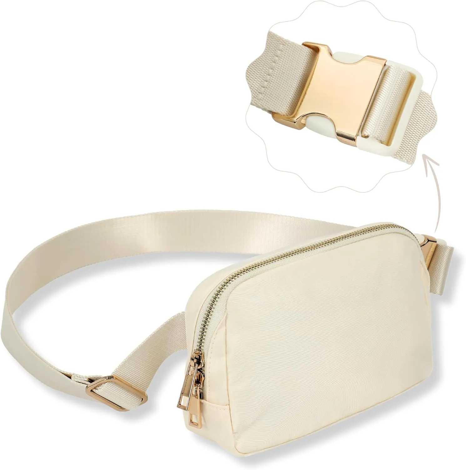 FORZAROCKET Boutique Belt Bag w/Long Strap 70" – Chic Crossbody Bag w/Extended Strap – Elegant Women Fanny Pack – Gold Two-Way Zipper – Travel & Plus Size Friendly, White Cream w/Gold Hardware