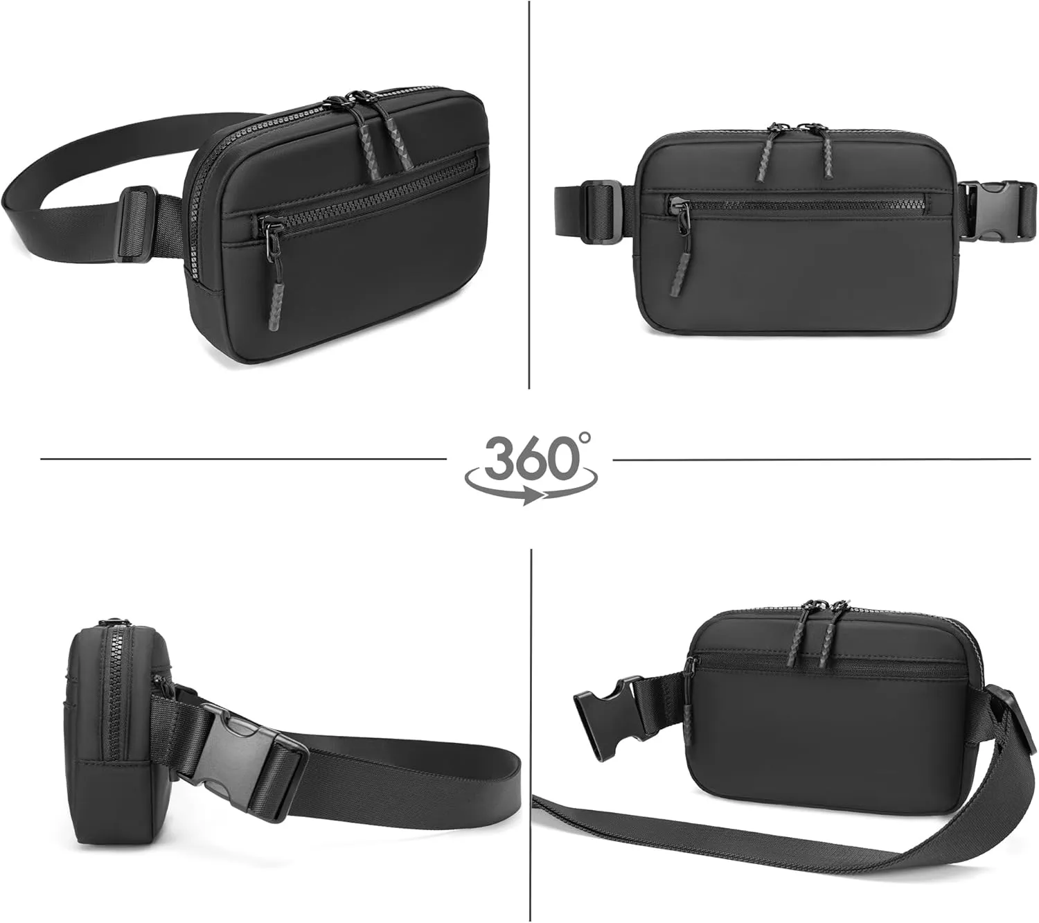 FORZAROCKET Essential Belt Bag w/Long Strap 70" & Front Zip Pocket – Crossbody Bag w/Extended Strap – Fanny Pack for Women Men – Two-Way Zipper Sling Bag – Travel & Plus Size Friendly, Black