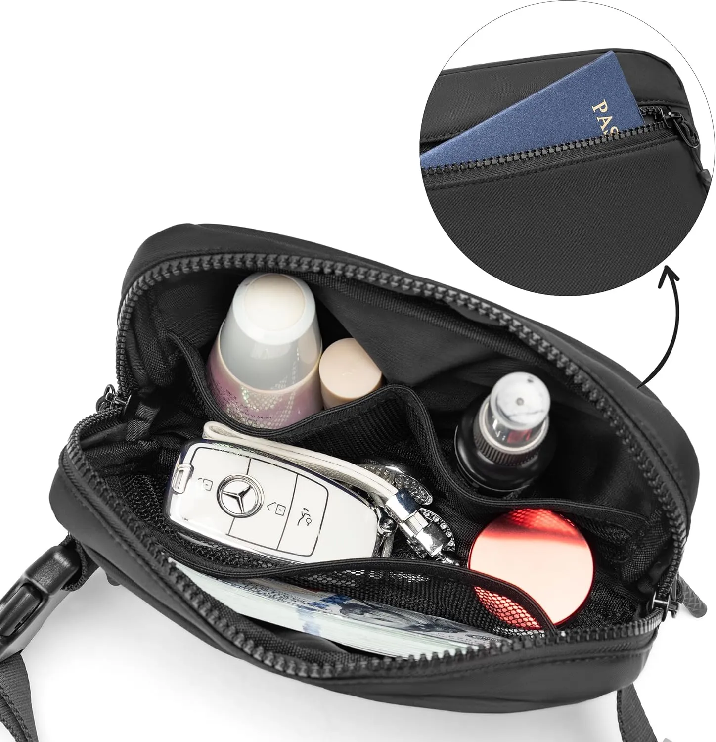FORZAROCKET Essential Belt Bag w/Long Strap 70" & Front Zip Pocket – Crossbody Bag w/Extended Strap – Fanny Pack for Women Men – Two-Way Zipper Sling Bag – Travel & Plus Size Friendly, Black