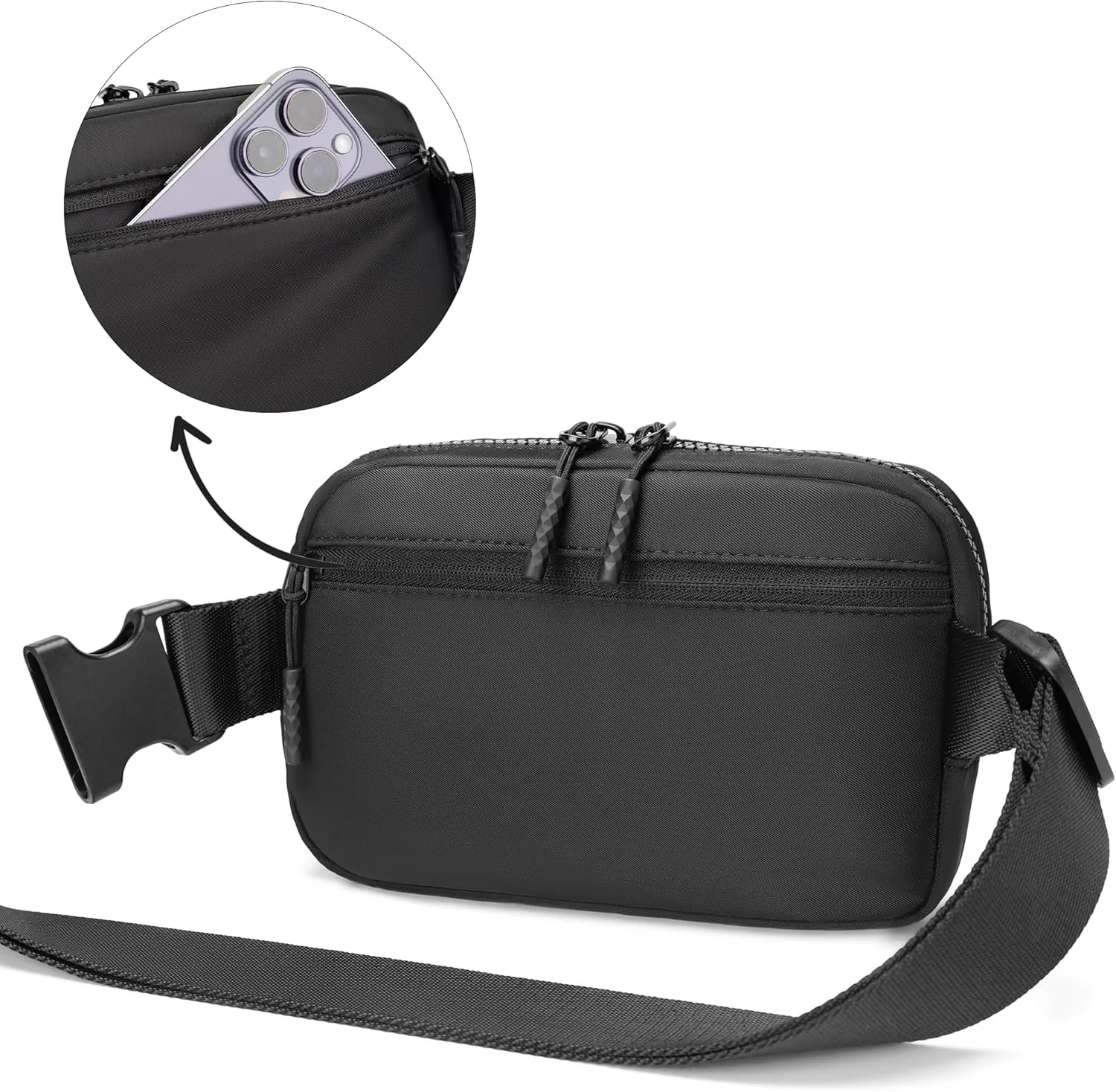 FORZAROCKET Essential Belt Bag w/Long Strap 70" & Front Zip Pocket – Crossbody Bag w/Extended Strap – Fanny Pack for Women Men – Two-Way Zipper Sling Bag – Travel & Plus Size Friendly, Black