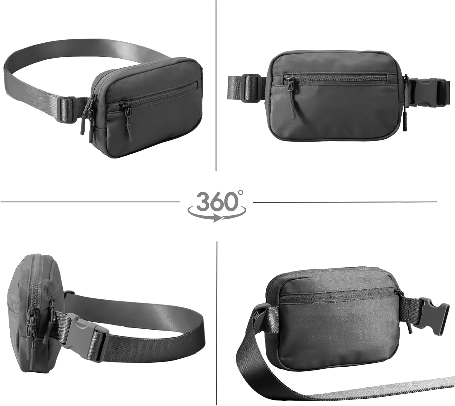 FORZAROCKET Essential Belt Bag w/Long Strap 70" & Front Zip Pocket – Crossbody Bag w/Extended Strap – Fanny Pack for Women Men – Two-Way Zipper Sling Bag – Travel & Plus Size Friendly, Dark Grey