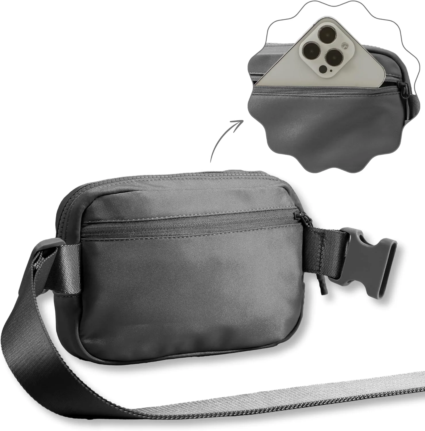 FORZAROCKET Essential Belt Bag w/Long Strap 70" & Front Zip Pocket – Crossbody Bag w/Extended Strap – Fanny Pack for Women Men – Two-Way Zipper Sling Bag – Travel & Plus Size Friendly, Dark Grey