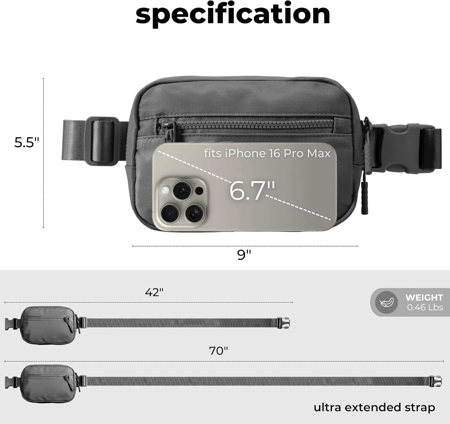 FORZAROCKET Essential Belt Bag w/Long Strap 70" & Front Zip Pocket – Crossbody Bag w/Extended Strap – Fanny Pack for Women Men – Two-Way Zipper Sling Bag – Travel & Plus Size Friendly, Dark Grey