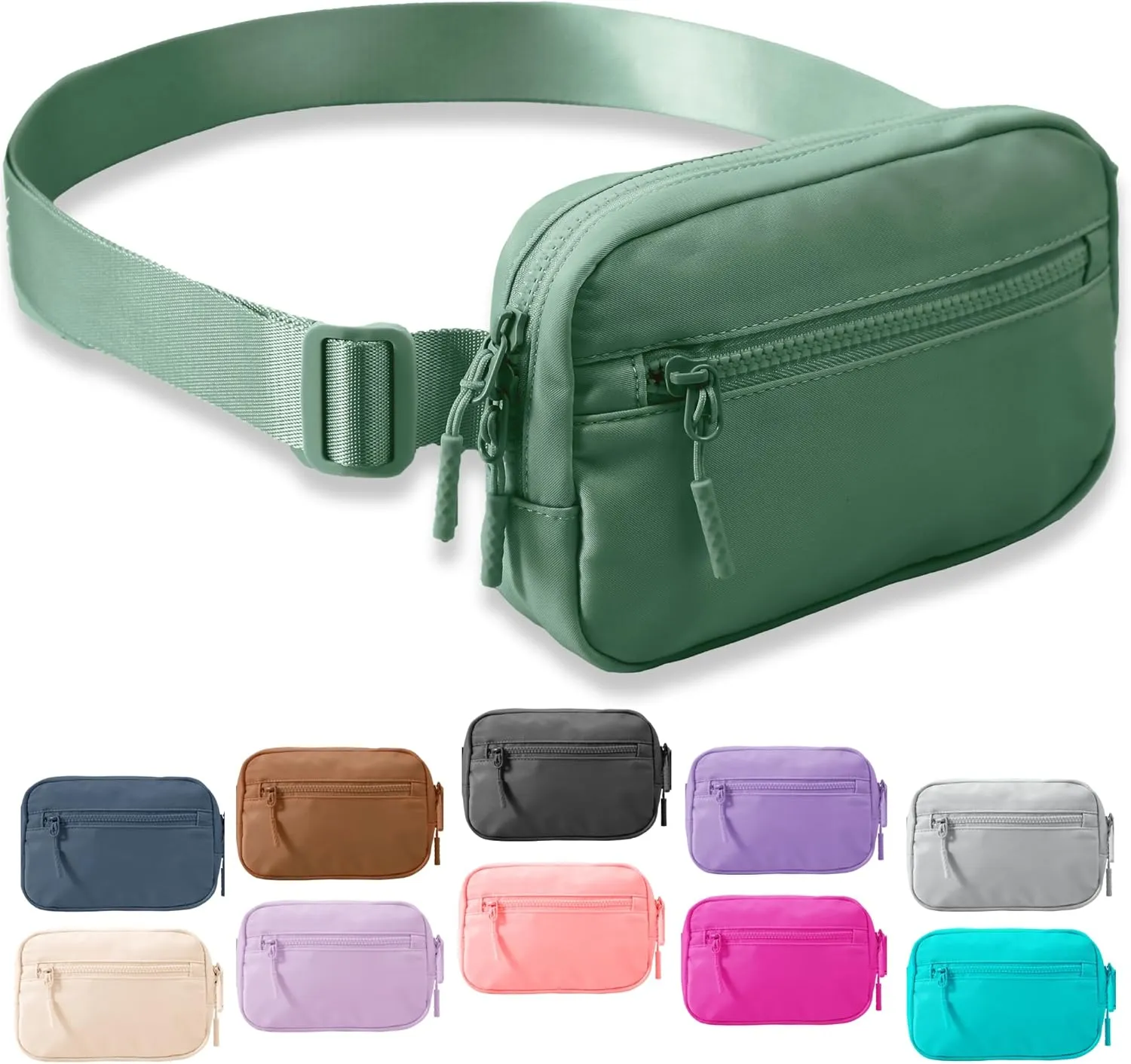 FORZAROCKET Essential Belt Bag w/Long Strap 70" & Front Zip Pocket – Crossbody Bag w/Extended Strap – Fanny Pack for Women Men – Two-Way Zipper Sling Bag – Travel & Plus Size Friendly, Green