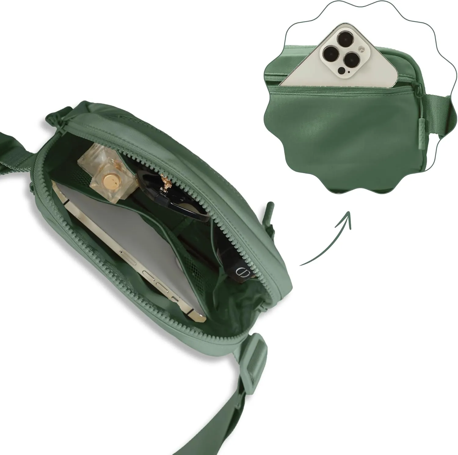 FORZAROCKET Essential Belt Bag w/Long Strap 70" & Front Zip Pocket – Crossbody Bag w/Extended Strap – Fanny Pack for Women Men – Two-Way Zipper Sling Bag – Travel & Plus Size Friendly, Green