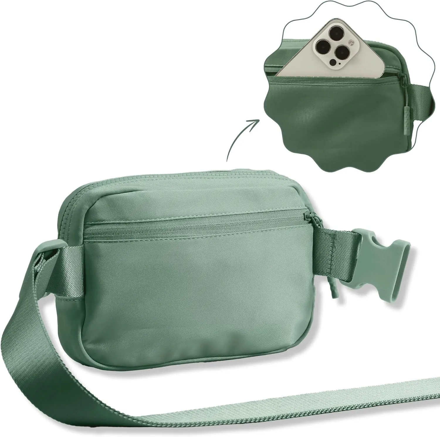 FORZAROCKET Essential Belt Bag w/Long Strap 70" & Front Zip Pocket – Crossbody Bag w/Extended Strap – Fanny Pack for Women Men – Two-Way Zipper Sling Bag – Travel & Plus Size Friendly, Green