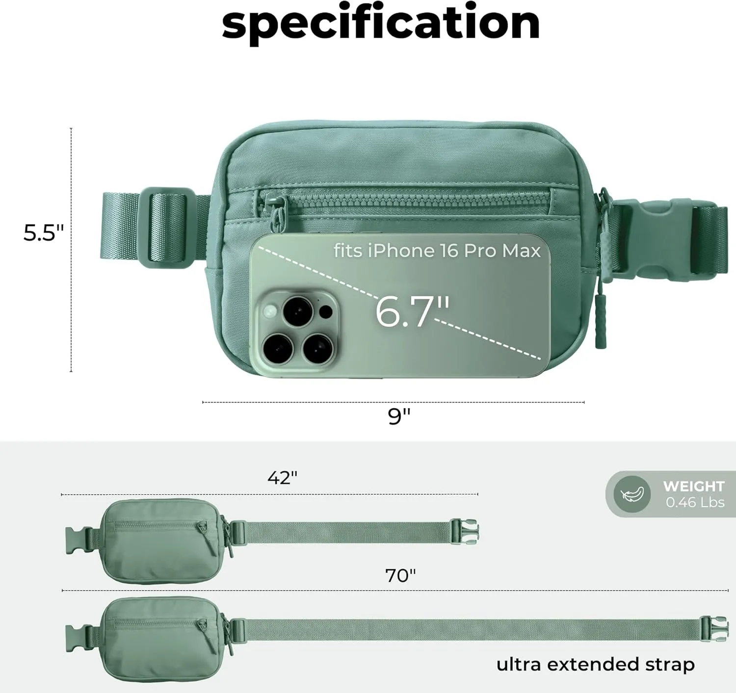 FORZAROCKET Essential Belt Bag w/Long Strap 70" & Front Zip Pocket – Crossbody Bag w/Extended Strap – Fanny Pack for Women Men – Two-Way Zipper Sling Bag – Travel & Plus Size Friendly, Green