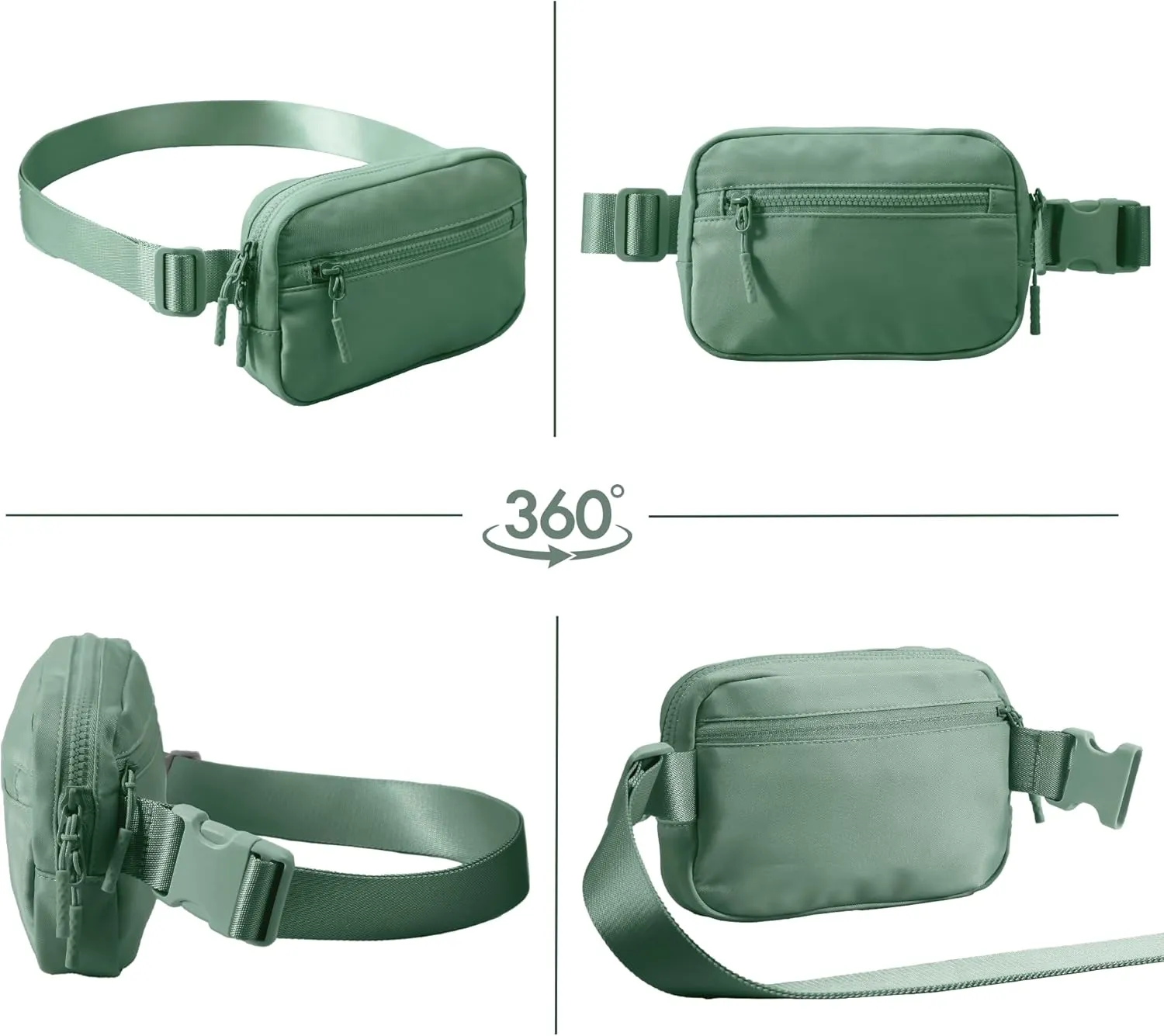 FORZAROCKET Essential Belt Bag w/Long Strap 70" & Front Zip Pocket – Crossbody Bag w/Extended Strap – Fanny Pack for Women Men – Two-Way Zipper Sling Bag – Travel & Plus Size Friendly, Green
