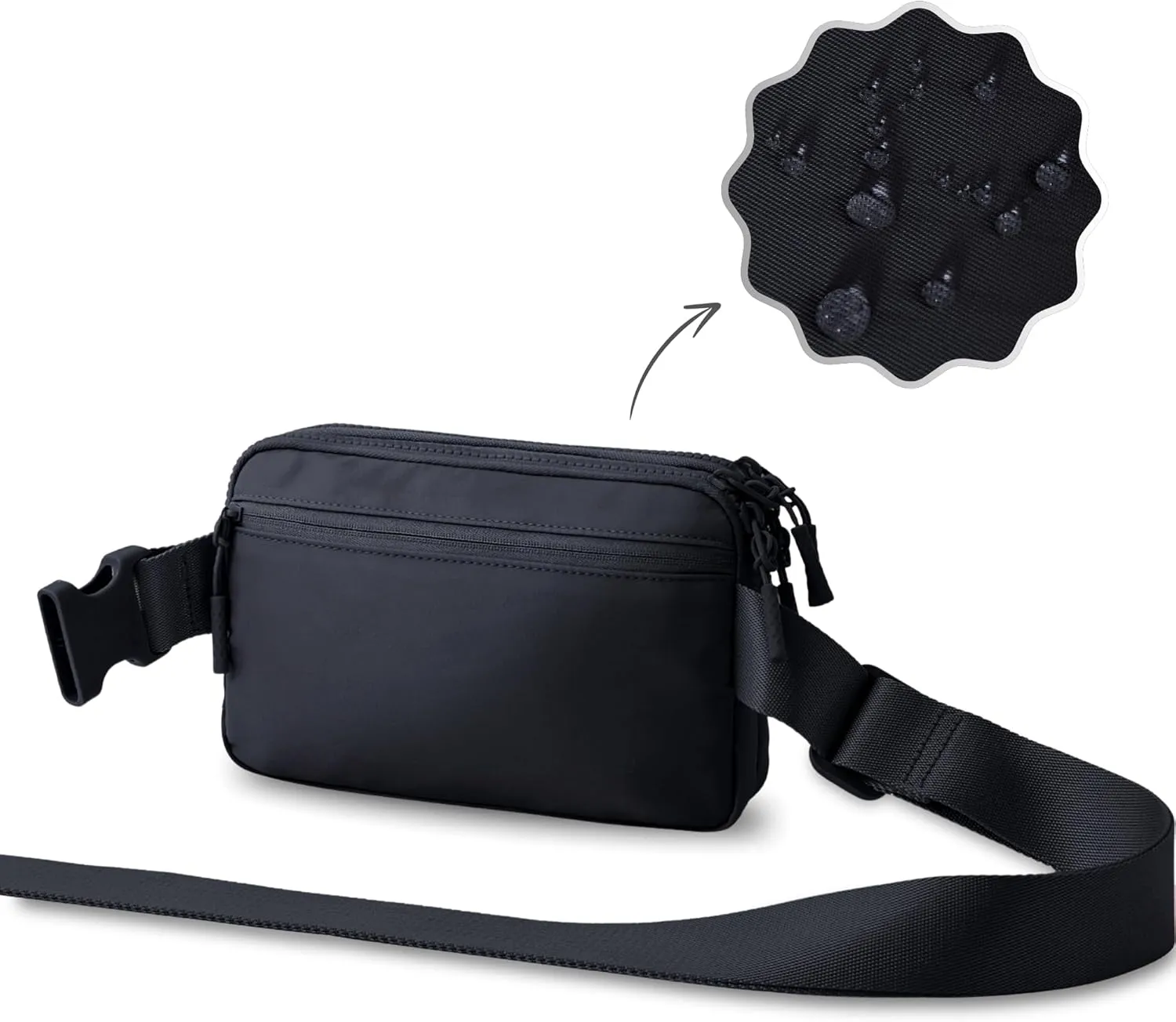 FORZAROCKET Essential  Belt Bag w/Long Strap 70" – Double Compartment – Crossbody Bag w/Extended Strap – Fanny Pack for Women Men – Two-Way Zipper Sling Bag – Travel & Plus Size Friendly, Black