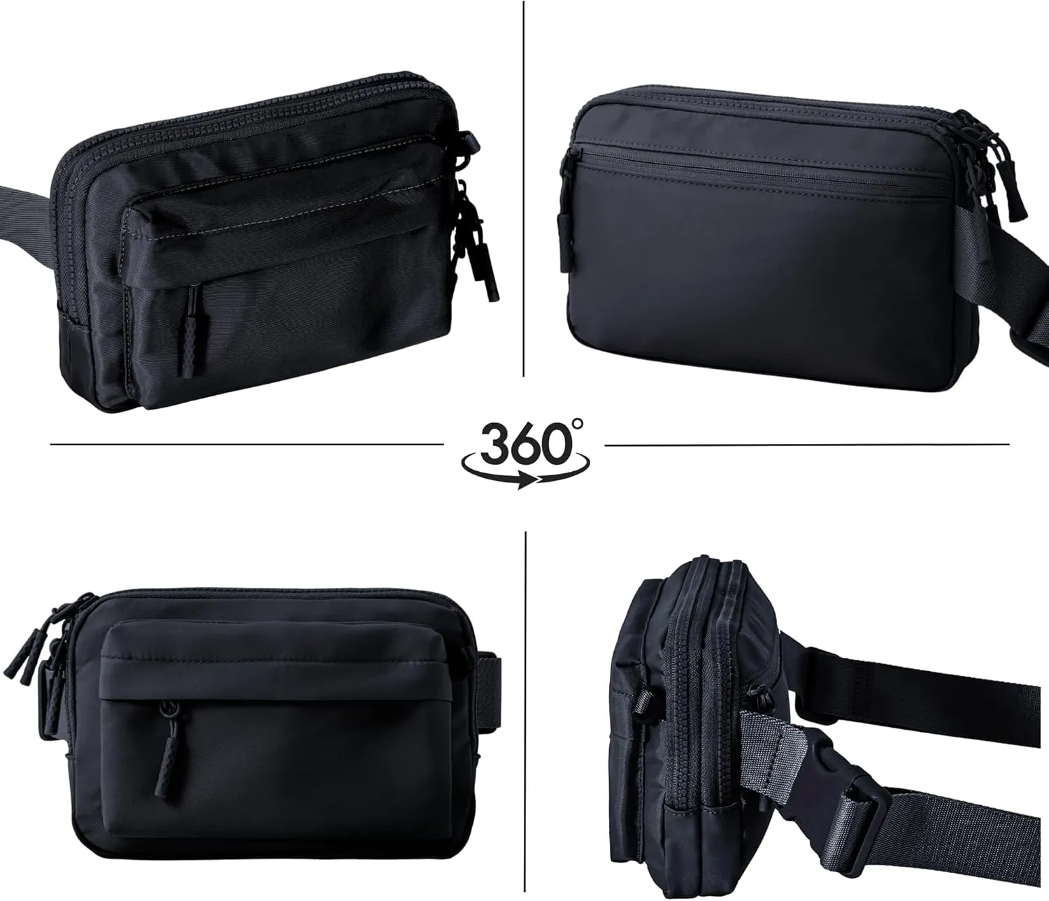 FORZAROCKET Essential  Belt Bag w/Long Strap 70" – Double Compartment – Crossbody Bag w/Extended Strap – Fanny Pack for Women Men – Two-Way Zipper Sling Bag – Travel & Plus Size Friendly, Black
