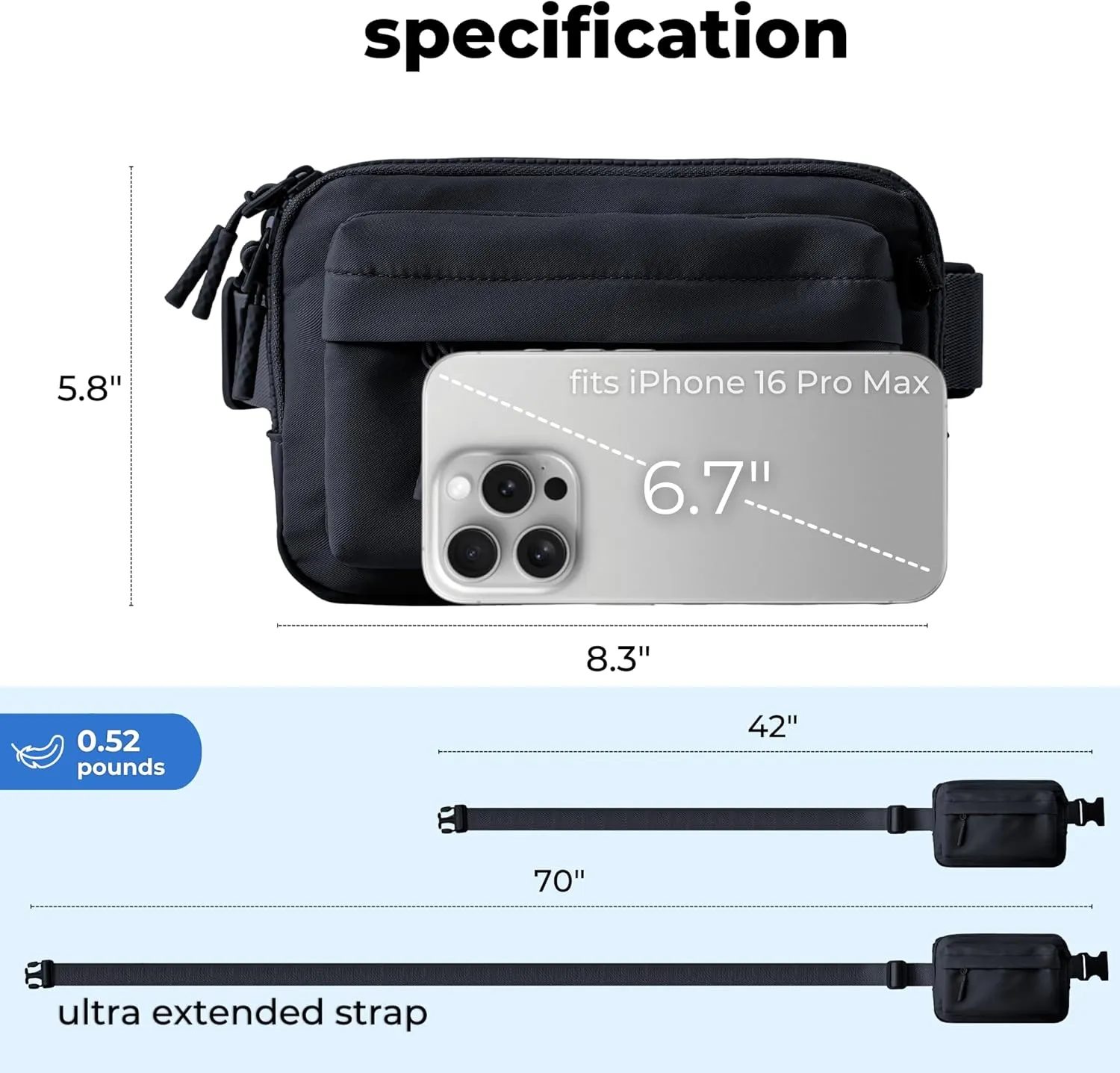FORZAROCKET Essential  Belt Bag w/Long Strap 70" – Double Compartment – Crossbody Bag w/Extended Strap – Fanny Pack for Women Men – Two-Way Zipper Sling Bag – Travel & Plus Size Friendly, Black