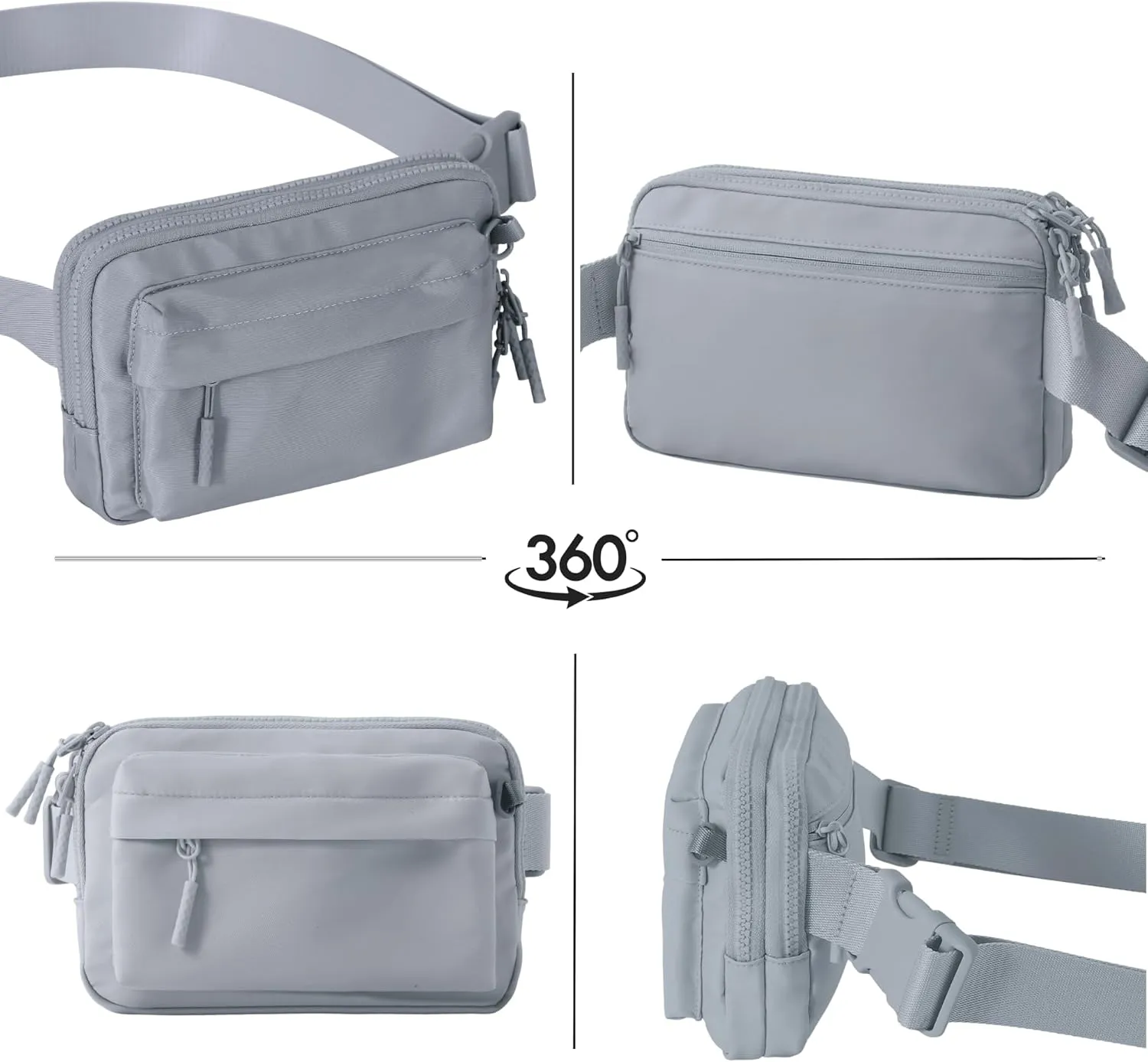 FORZAROCKET Essential  Belt Bag w/Long Strap 70" – Double Compartment – Crossbody Bag w/Extended Strap – Fanny Pack for Women Men – Two-Way Zipper Sling Bag – Travel & Plus Size Friendly, Light Grey