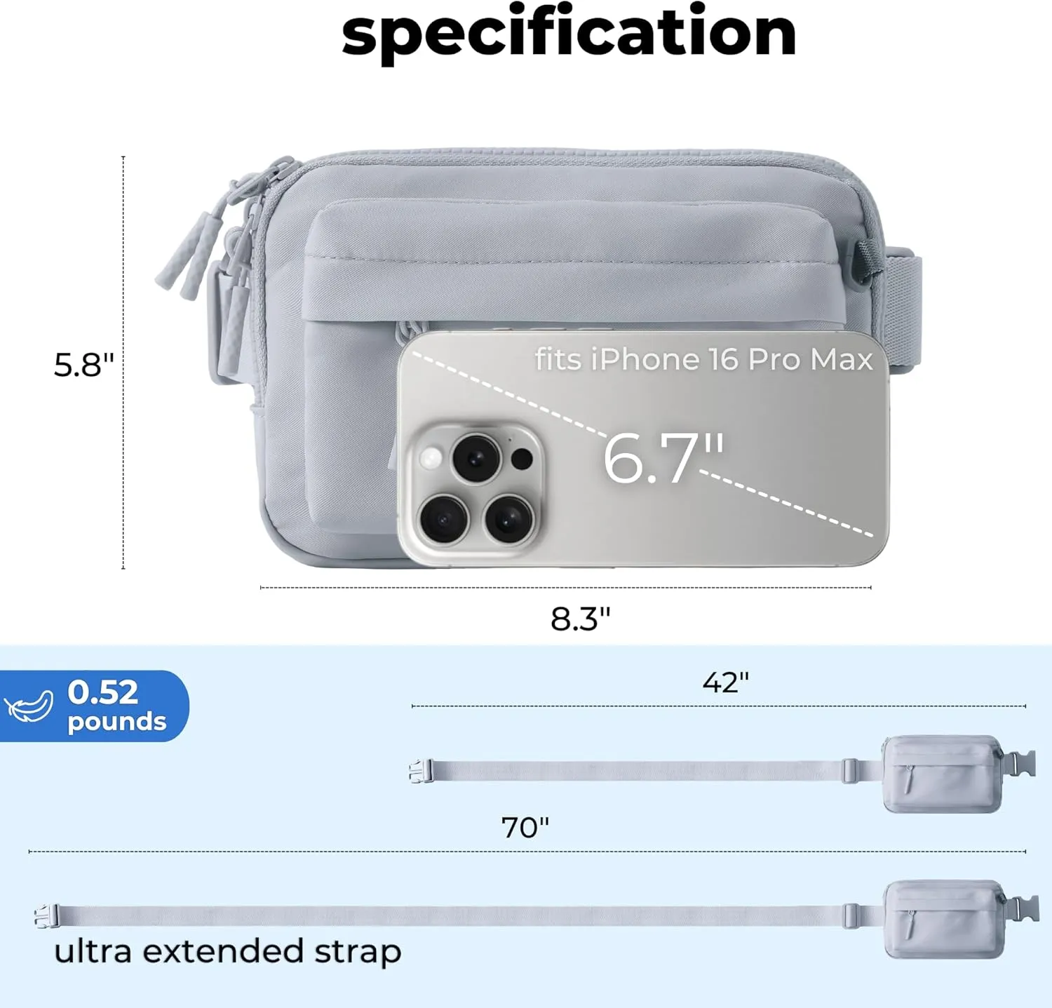 FORZAROCKET Essential  Belt Bag w/Long Strap 70" – Double Compartment – Crossbody Bag w/Extended Strap – Fanny Pack for Women Men – Two-Way Zipper Sling Bag – Travel & Plus Size Friendly, Light Grey