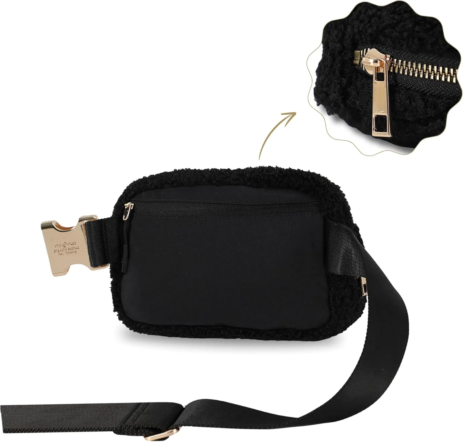 FORZAROCKET Fleece Boutique Belt Bag w/Long Strap 70" – Chic Crossbody Bag w/Extended Strap – Sherpa Women Fanny Pack – Gold Two-Way Zipper – Travel & Plus Size Friendly, Black w/Gold Hardware