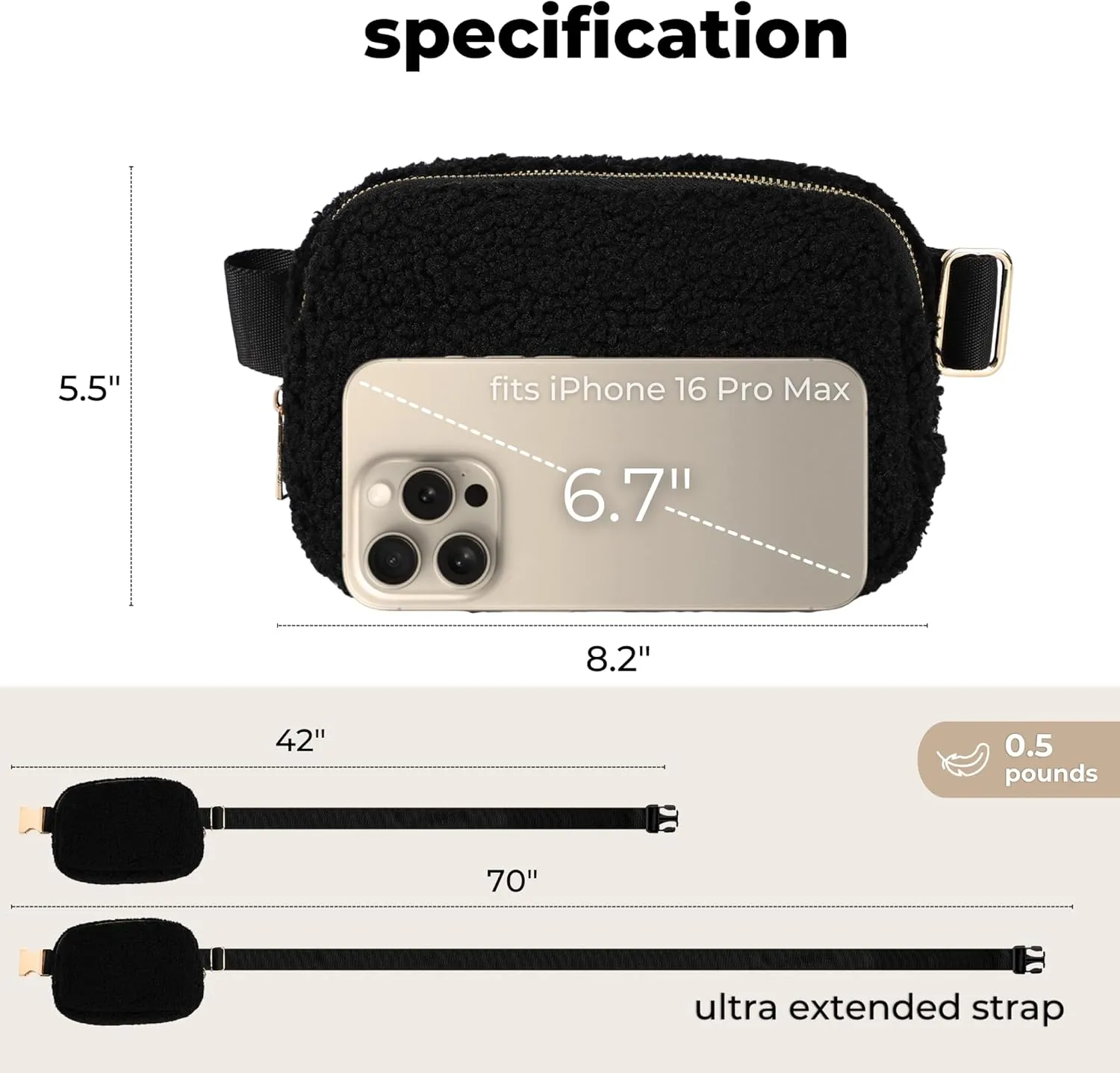 FORZAROCKET Fleece Boutique Belt Bag w/Long Strap 70" – Chic Crossbody Bag w/Extended Strap – Sherpa Women Fanny Pack – Gold Two-Way Zipper – Travel & Plus Size Friendly, Black w/Gold Hardware