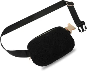 FORZAROCKET Fleece Boutique Belt Bag w/Long Strap 70" – Chic Crossbody Bag w/Extended Strap – Sherpa Women Fanny Pack – Gold Two-Way Zipper – Travel & Plus Size Friendly, Black w/Gold Hardware