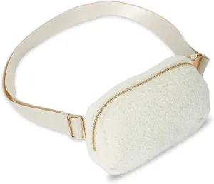 FORZAROCKET Fleece Boutique Belt Bag w/Long Strap 70" – Chic Crossbody Bag w/Extended Strap – Sherpa Women Fanny Pack – Gold Two-Way Zipper – Travel & Plus Size Friendly, Cream White w/Gold Hardware