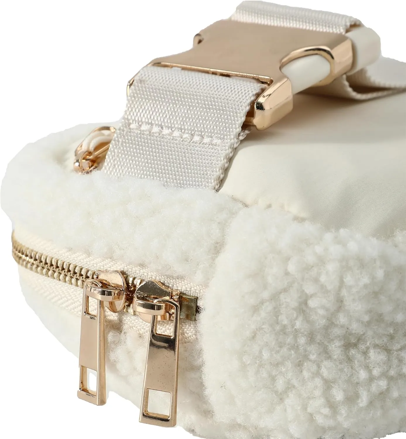 FORZAROCKET Fleece Boutique Belt Bag w/Long Strap 70" – Chic Crossbody Bag w/Extended Strap – Sherpa Women Fanny Pack – Gold Two-Way Zipper – Travel & Plus Size Friendly, Cream White w/Gold Hardware