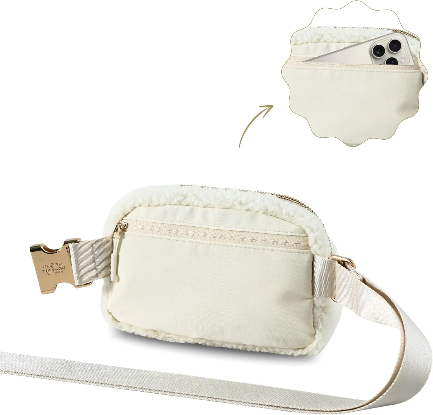 FORZAROCKET Fleece Boutique Belt Bag w/Long Strap 70" – Chic Crossbody Bag w/Extended Strap – Sherpa Women Fanny Pack – Gold Two-Way Zipper – Travel & Plus Size Friendly, Cream White w/Gold Hardware