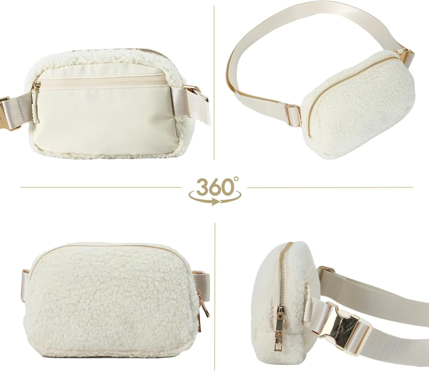 FORZAROCKET Fleece Boutique Belt Bag w/Long Strap 70" – Chic Crossbody Bag w/Extended Strap – Sherpa Women Fanny Pack – Gold Two-Way Zipper – Travel & Plus Size Friendly, Cream White w/Gold Hardware