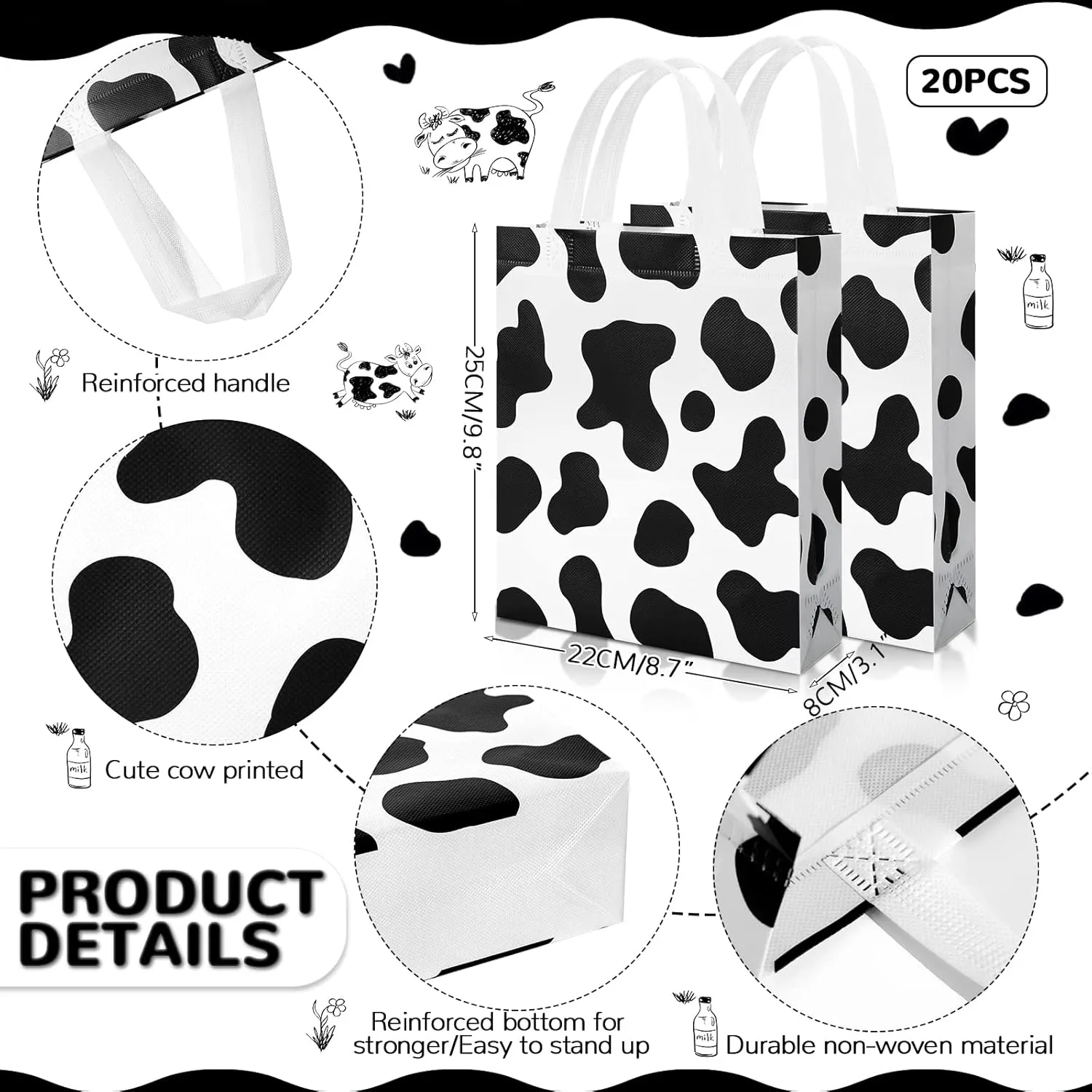 Frienda 20 Pieces Cow Print Gift Bags - Non Woven Tote Bags with Handle for Cow Theme Birthday Party & Baby Shower Supplies