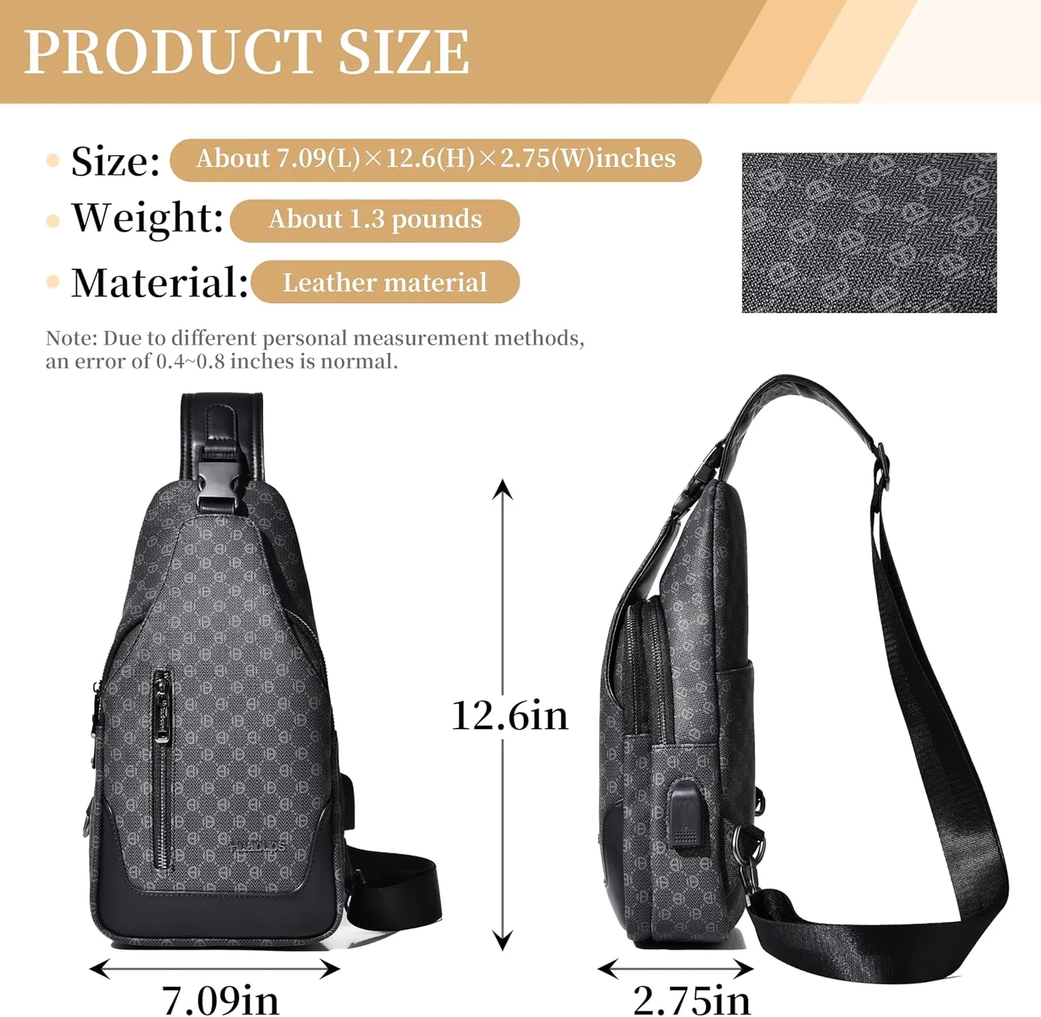 FSD. WG sling Backpack for Men Chest Bag Crossbody Shoulder Bags Travel Hiking Bag Purse for Men with Water Resistant