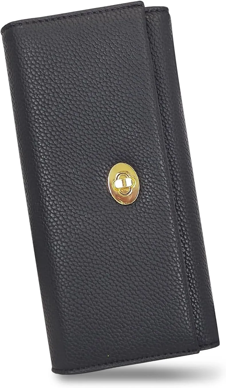 FuninCrea Women’s Wallet, PU Leather Wallet Purse Simple Fashion Litchi Pattern Trifold Wallets for Women with Multi Card Slots ID Window Coin Zipper Pocket (Black L)