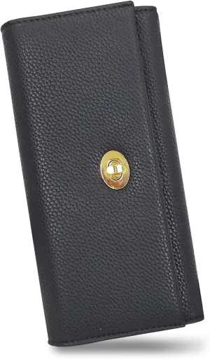 FuninCrea Women’s Wallet, PU Leather Wallet Purse Simple Fashion Litchi Pattern Trifold Wallets for Women with Multi Card Slots ID Window Coin Zipper Pocket (Black L)