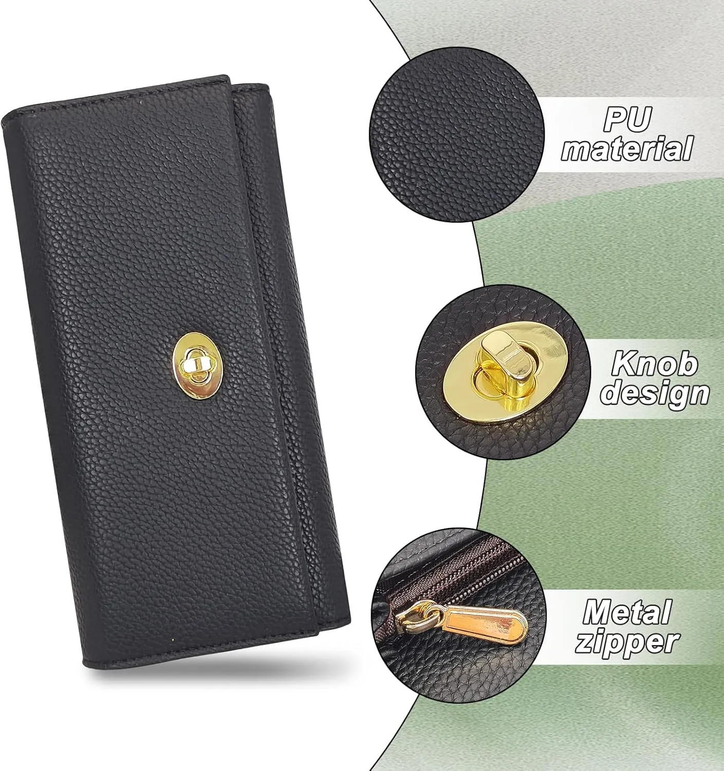 FuninCrea Women’s Wallet, PU Leather Wallet Purse Simple Fashion Litchi Pattern Trifold Wallets for Women with Multi Card Slots ID Window Coin Zipper Pocket (Black L)