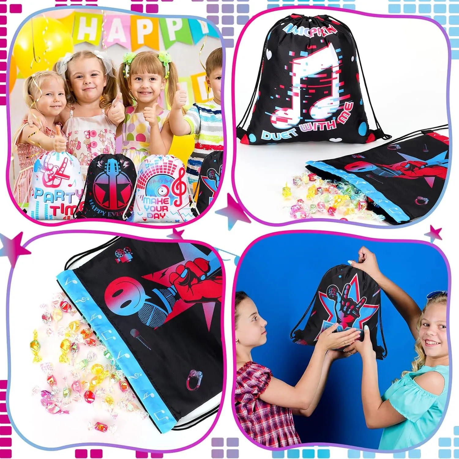 Funtery 32 Pcs Music Party Drawstring Bags Music Party Favors Birthday Treat Bags for Teens Social Media Theme Gifts School Travel Supplies, 11.81 x 9.84 Inch