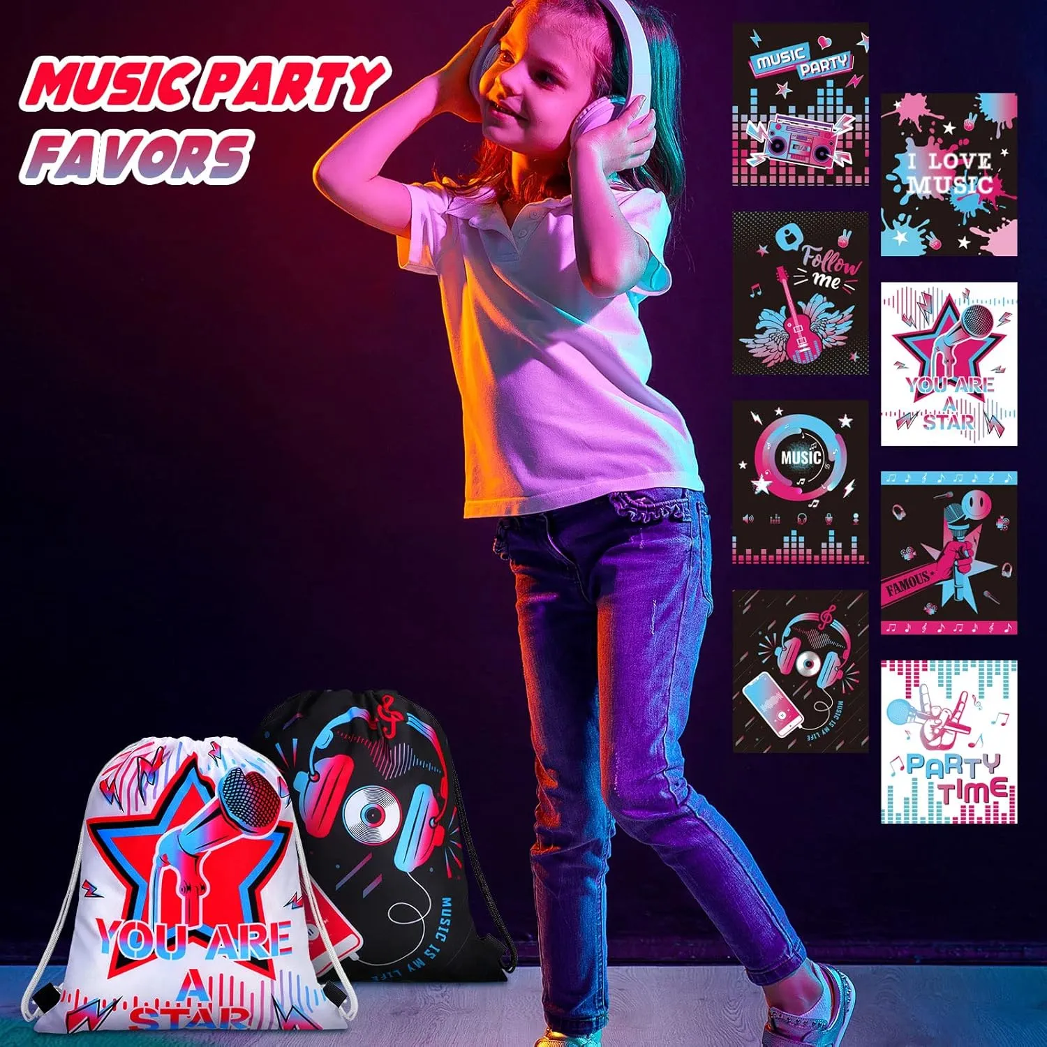 Funtery 32 Pcs Music Party Drawstring Bags Music Party Favors Birthday Treat Bags for Teens Social Media Theme Gifts School Travel Supplies, 11.81 x 9.84 Inch