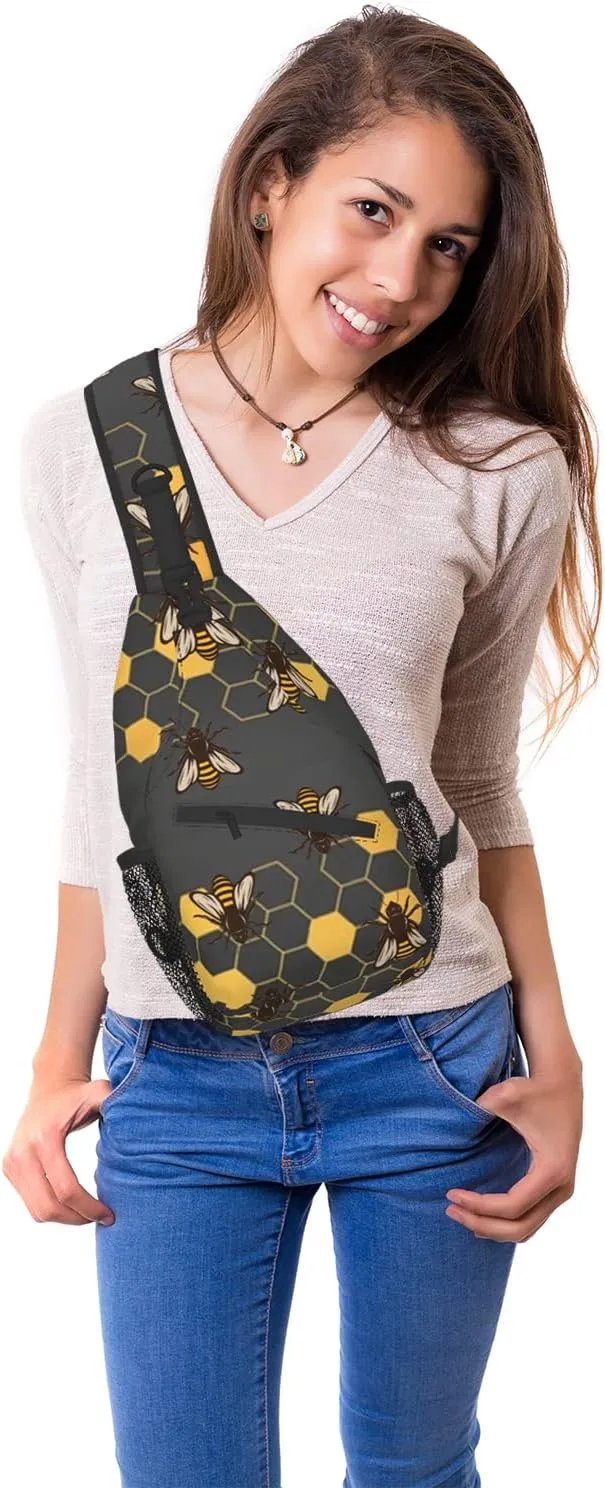 FyLybois Honeycomb Bee Sling Bag Crossbody Travel Hiking Bags Mini Chest Backpack Casual Shoulder Daypack for Women Men with Strap Lightweight Outdoor Sport Climbing Runners