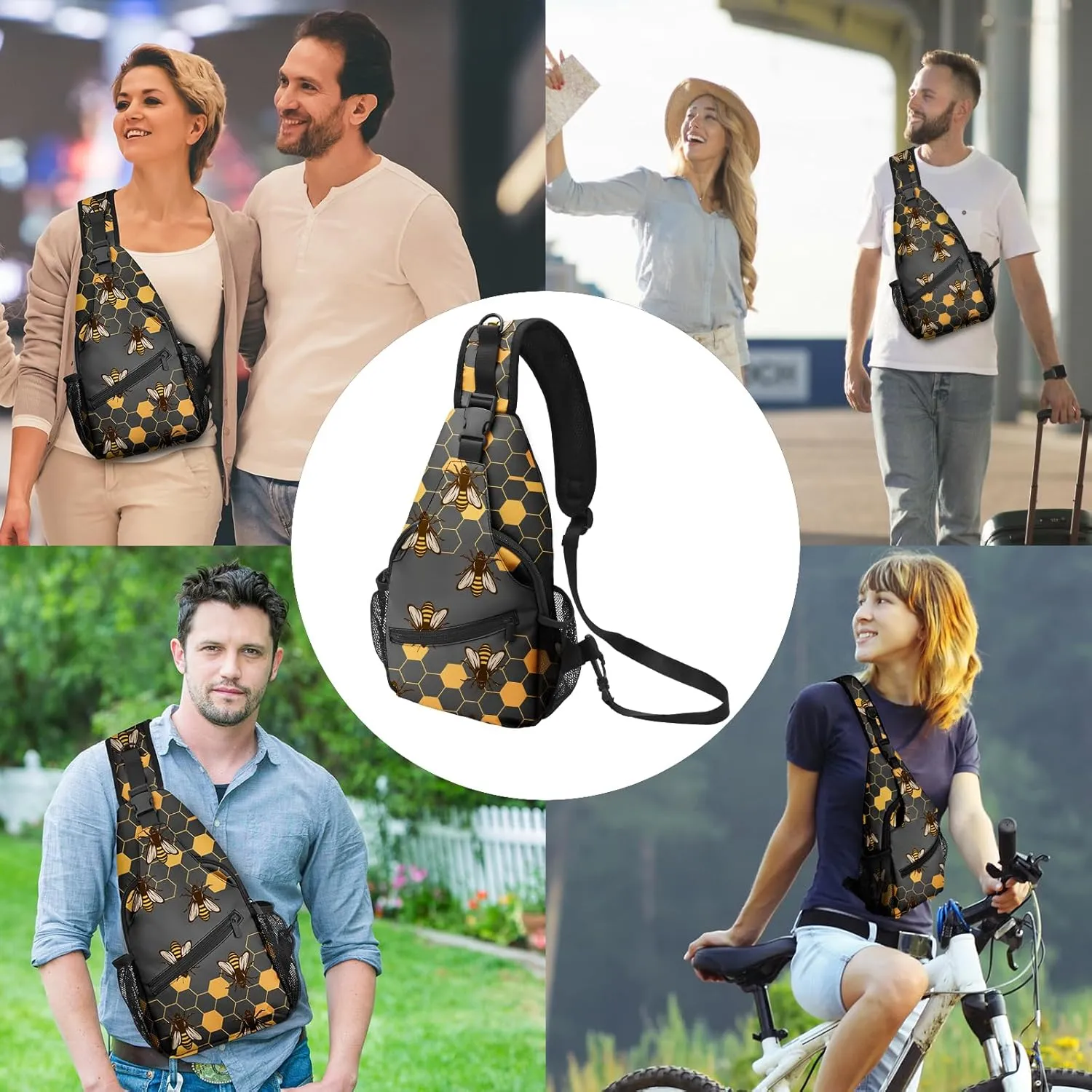 FyLybois Honeycomb Bee Sling Bag Crossbody Travel Hiking Bags Mini Chest Backpack Casual Shoulder Daypack for Women Men with Strap Lightweight Outdoor Sport Climbing Runners