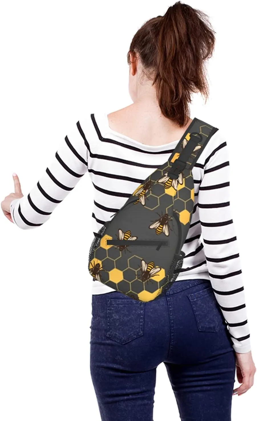 FyLybois Honeycomb Bee Sling Bag Crossbody Travel Hiking Bags Mini Chest Backpack Casual Shoulder Daypack for Women Men with Strap Lightweight Outdoor Sport Climbing Runners