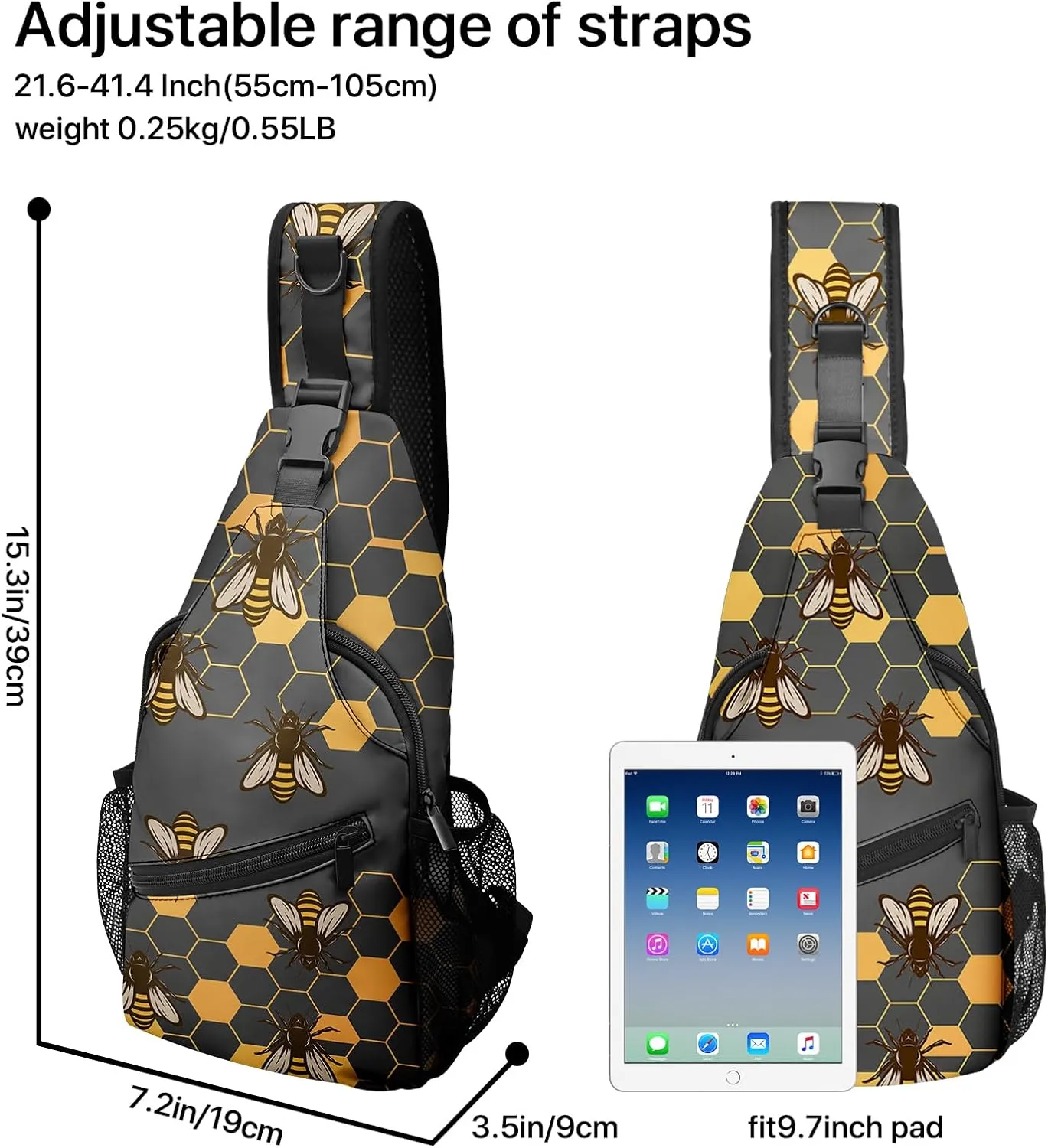 FyLybois Honeycomb Bee Sling Bag Crossbody Travel Hiking Bags Mini Chest Backpack Casual Shoulder Daypack for Women Men with Strap Lightweight Outdoor Sport Climbing Runners