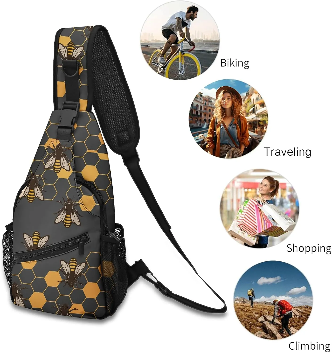 FyLybois Honeycomb Bee Sling Bag Crossbody Travel Hiking Bags Mini Chest Backpack Casual Shoulder Daypack for Women Men with Strap Lightweight Outdoor Sport Climbing Runners