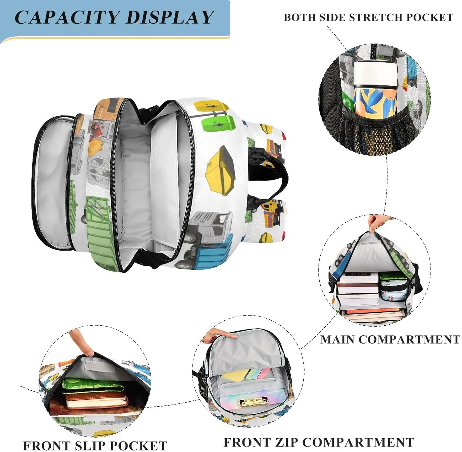 Garbage Trucks Backpack for Student; School Backpacks Travel Laptop Bags Bookbags for Suitable for ages 6-12 Student