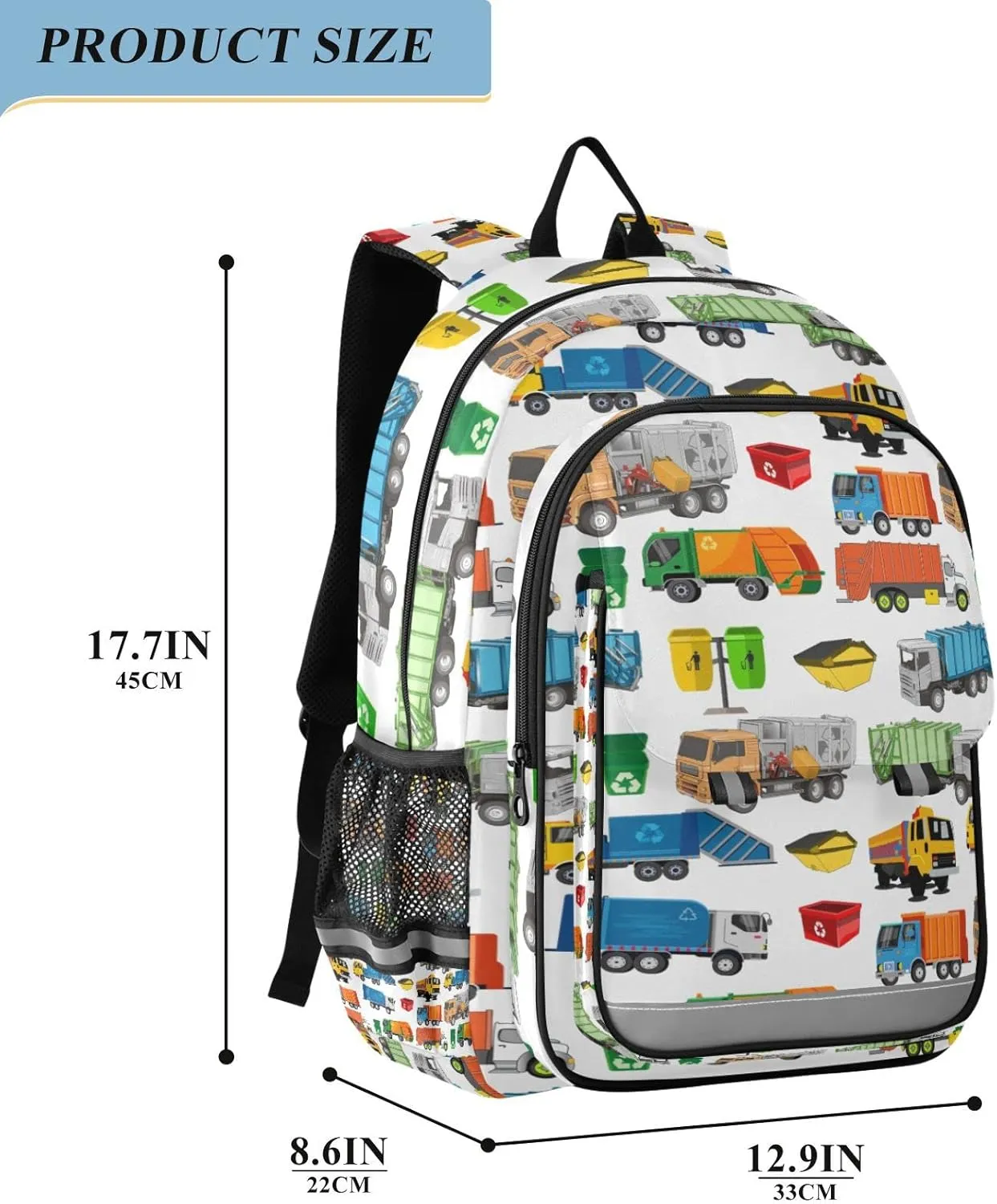 Garbage Trucks Backpack for Student; School Backpacks Travel Laptop Bags Bookbags for Suitable for ages 6-12 Student